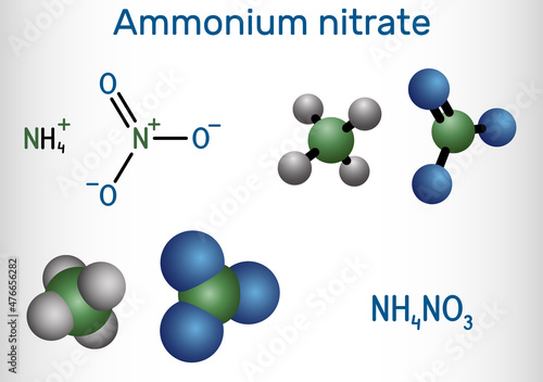 Ammonium nitrate, NH4NO3 molecule. It is ammonium salt of nitric acid. Used to make fertilizers and explosives, in producing antibiotics and yeast. Structural chemical formula, molecule model photo