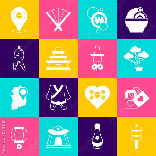 Set Korean food tokpokki, Lock with heart, Bonsai tree, South won coin, temple, Ginseng root, Location and hat icon. Vector