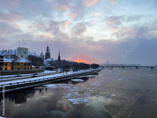 Ariel panoramic view of the city at winter with a Cathedral church and Market Square area on the shore of Baltic Sea.  photo