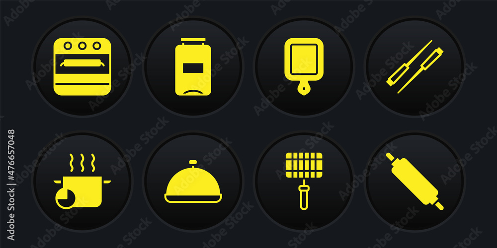 Set Cooking pot, Food chopsticks, Covered with tray of food, Barbecue steel grid, Cutting board, Jam jar, Rolling pin and Oven icon. Vector Set Cooking pot, Food chopsticks, Covered with tray of food, Barbecue steel grid, Cutting board, Jam jar, Rolling pin and Oven icon. Vector