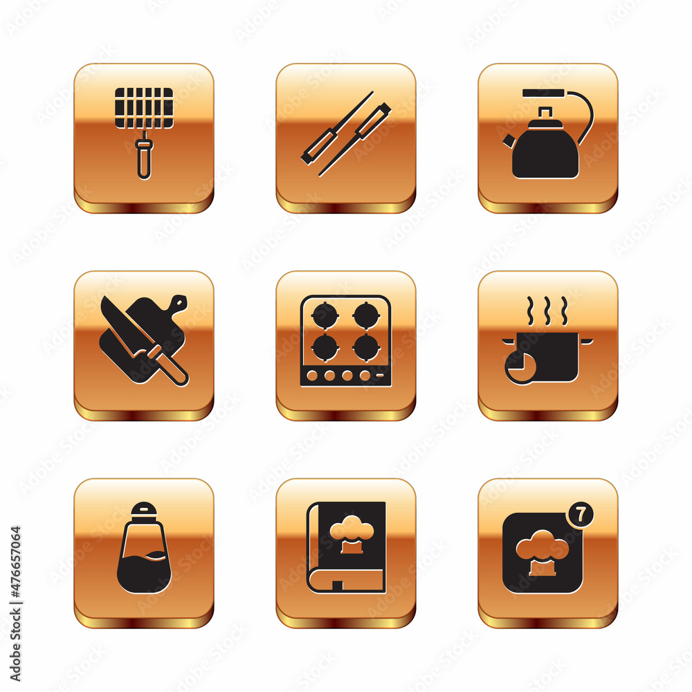 Set Barbecue steel grid, Salt, Cookbook, Gas stove, Cutting board and knife, Kettle with handle, Chef hat and Food chopsticks icon. Vector Set Barbecue steel grid, Salt, Cookbook, Gas stove, Cutting board and knife, Kettle with handle, Chef hat and Food chopsticks icon. Vector