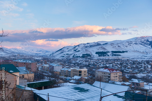 Panoramic view of Spitak town at winter sunset