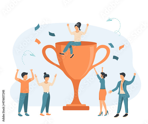 Gold cup trophy symbol icon in flat style, team support and work. Group of people gathered around trophy. Flat vector illustration
