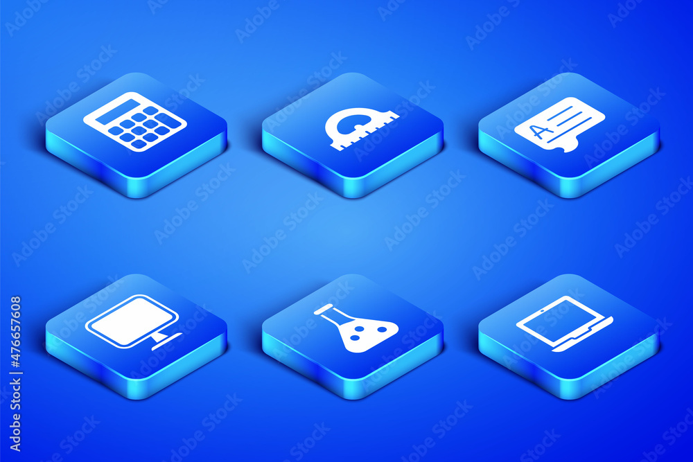 Set Laptop, Calculator, Test tube, Computer monitor, Protractor grid and Speech bubbles with Answer icon. Vector Set Laptop, Calculator, Test tube, Computer monitor, Protractor grid and Speech bubbles with Answer icon. Vector