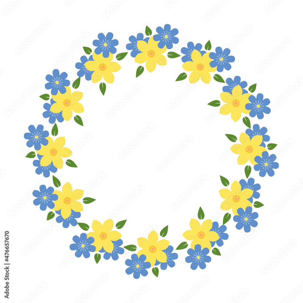 Round flat frame of yellow and blue flowers Round flat frame of yellow and blue flowers