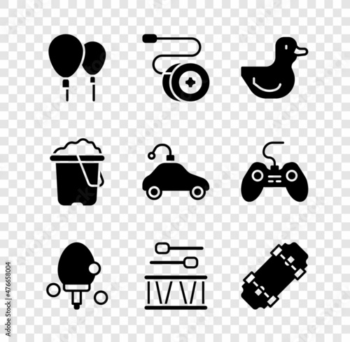 Set Balloons, Yoyo toy, Rubber duck, Racket, Drum with drum sticks, Skateboard, Sand in bucket and Radio controlled car icon. Vector