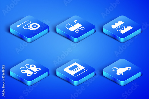 Set Radio controlled car toy, Yoyo, Book, Butterfly, Baby stroller and Toy building block bricks icon. Vector
