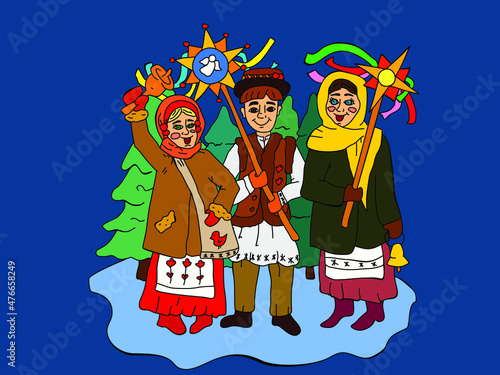 Carolers. Christmas greeting card with kids in Ukraine. Little carol singers, traditional heroes for the Ukrainian nativity scene. Vector illustration.Christmas and New Year greeting card.