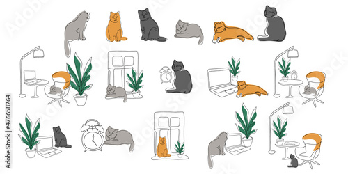 Set of cats. The cat on the armchair. Lies near the laptop. Sitting on the windowsill next to a flower pot, a cat with an alarm clock. Pet. Linear style. Hand-drawn. Doodle. Flat vector illustration.