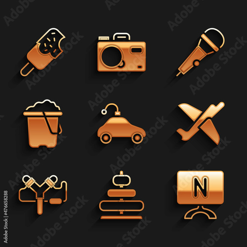 Set Radio controlled car toy, Pyramid, Smart Tv, Toy plane, Slingshot, Sand bucket, Microphone and Ice cream icon. Vector