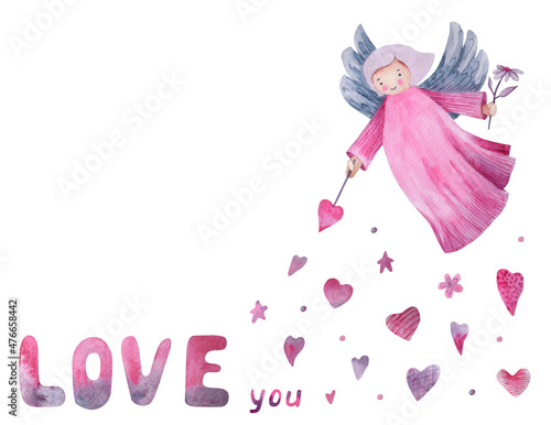 Watercolor romantic composition for Valentine's Day. Angel of love, heart, stars, the inscription "love" isolated on a white background.