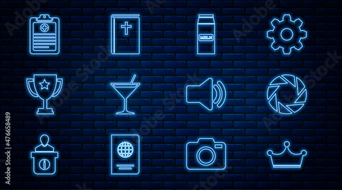 Set line Crown, Camera shutter, Paper package for milk, Martini glass, Trophy cup, Clinical record, Speaker volume and Holy bible book icon. Vector