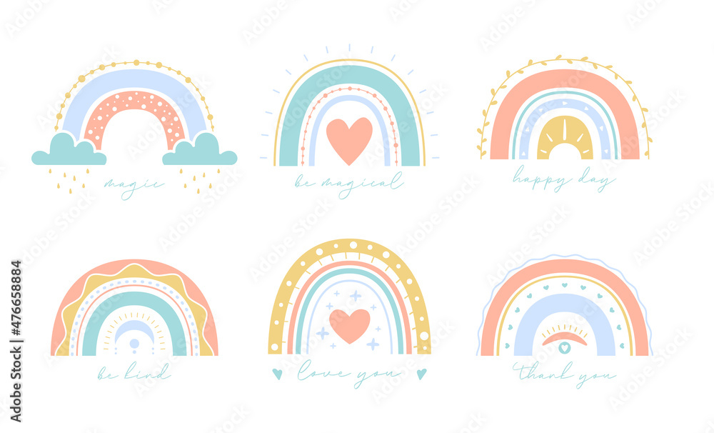 Collection of vector boho rainbows for kids. Cute cards design with text, colorful illustration in hand drawn style. Glyph nature weather element. For poster, print, nursery room or card. Collection of vector boho rainbows for kids. Cute cards design with text, colorful illustration in hand drawn style. Glyph nature weather element. For poster, print, nursery room or card.