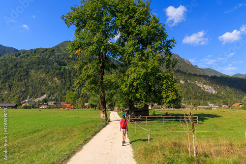 a woman is hiking near Kranjska Gora alongside wonderful fresh meadows, slovenia