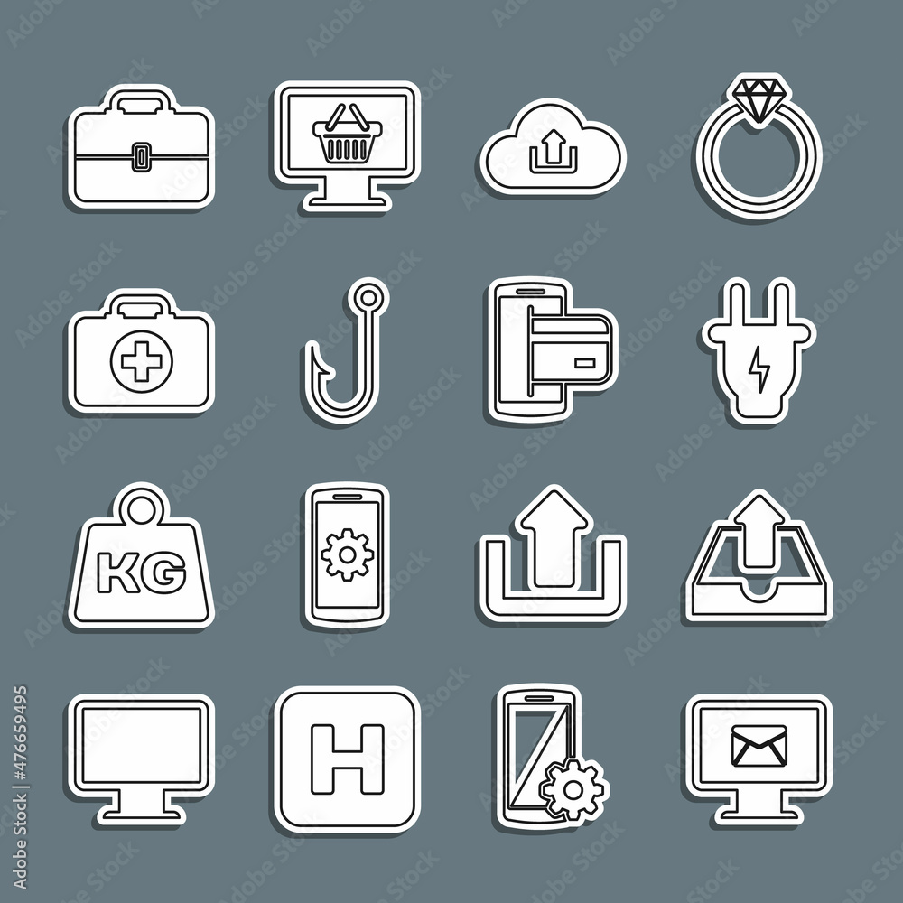 Set line Monitor and envelope, Upload inbox, Electric plug, Cloud upload, Fishing hook, First aid kit, Toolbox and NFC Payment icon. Vector Set line Monitor and envelope, Upload inbox, Electric plug, Cloud upload, Fishing hook, First aid kit, Toolbox and NFC Payment icon. Vector
