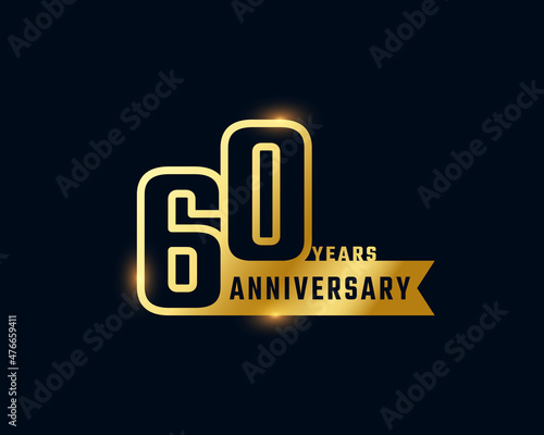 60 Year Anniversary Celebration with Shiny Outline Number Golden Color for Celebration Event, Wedding, Greeting card, and Invitation Isolated on Dark Background