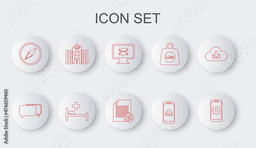 Set line Setting on smartphone, Chat, Monitor and envelope, Smartphone with upload, Wind rose, Medical hospital building, Hospital bed and Transfer files icon. Vector