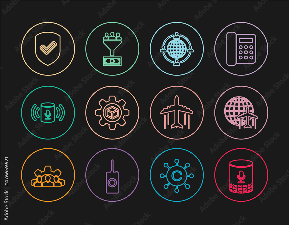 Set line Voice assistant, Globe with flying plane, Outsourcing concept, Product development, Shield check mark, Plane and Lead management icon. Vector Set line Voice assistant, Globe with flying plane, Outsourcing concept, Product development, Shield check mark, Plane and Lead management icon. Vector