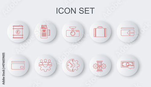Set line Cash back, Credit card, Car DVR, Hourglass and gear, Barrel oil, POS terminal, Project team base and Clock icon. Vector