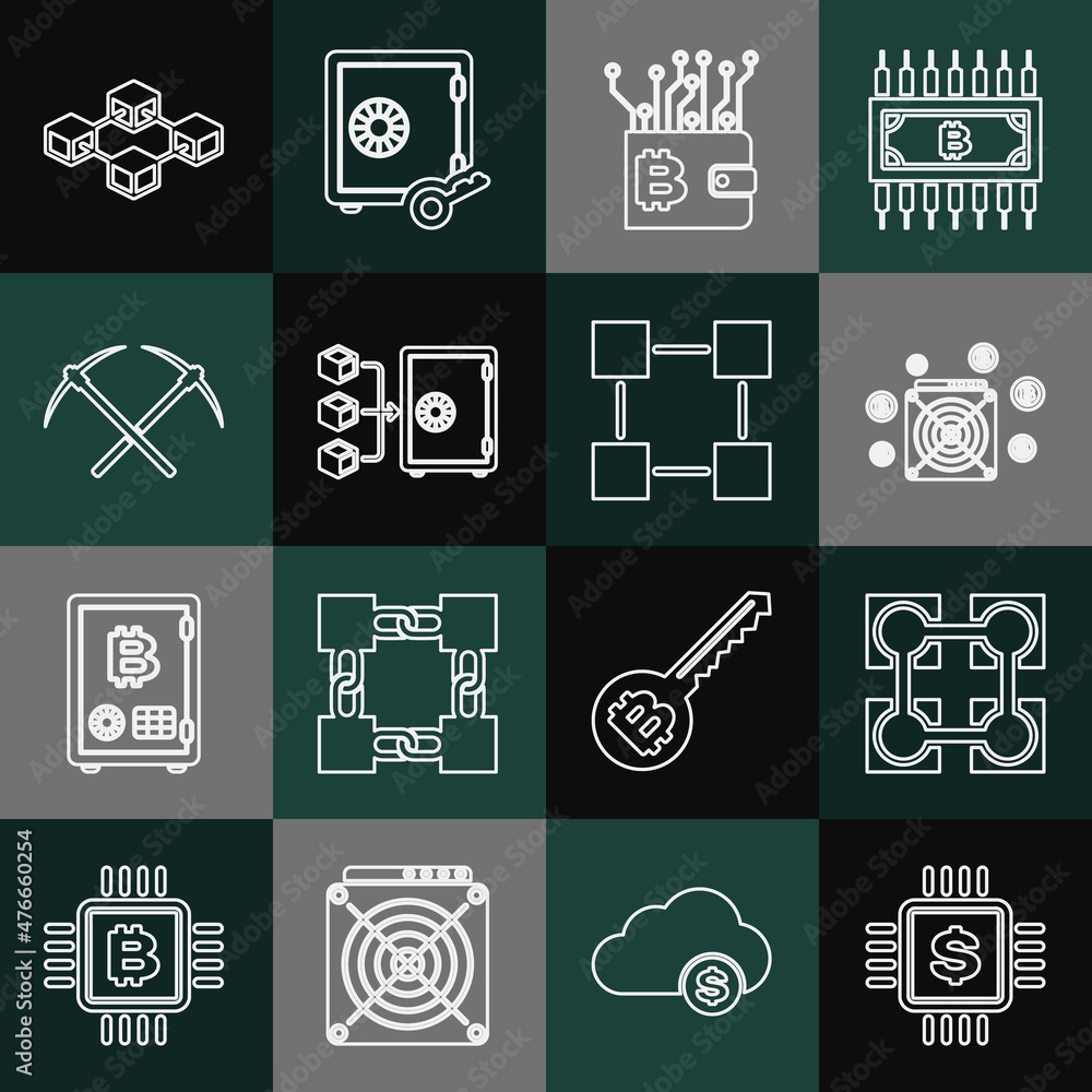 Set line Processor chip with dollar, Blockchain technology, ASIC Miner, Cryptocurrency wallet, Proof of stake, Crossed pickaxe, and icon. Vector Set line Processor chip with dollar, Blockchain technology, ASIC Miner, Cryptocurrency wallet, Proof of stake, Crossed pickaxe, and icon. Vector