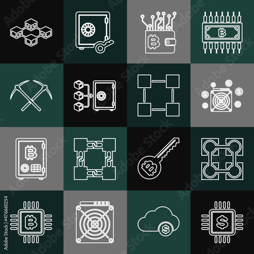 Set line Processor chip with dollar, Blockchain technology, ASIC Miner, Cryptocurrency wallet, Proof of stake, Crossed pickaxe, and icon. Vector
