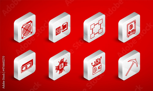 Set line Pickaxe, Smart contract, Blockchain technology, Proof of stake, Cryptocurrency wallet, ASIC Miner, CPU mining farm and bitcoin icon. Vector