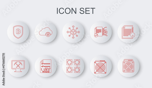 Set line ASIC Miner, Mining with monitor and pickaxe, Distribution, Shield bitcoin, Cryptocurrency cloud mining, Smart contract and Blockchain technology icon. Vector