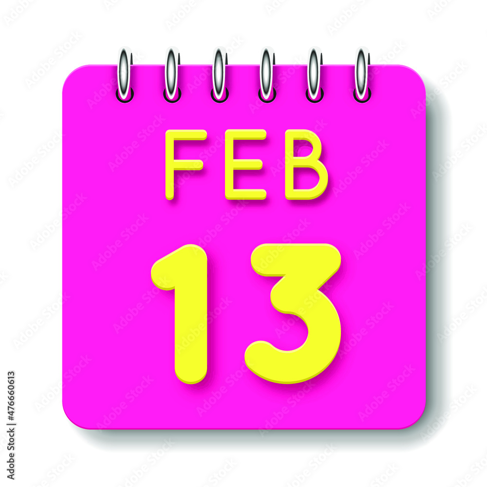 13 day of the month. February. Cute calendar daily icon. Date day week Sunday, Monday, Tuesday, Wednesday, Thursday, Friday, Saturday. Neon yellow. Pink Paper. White background. 13 day of the month. February. Cute calendar daily icon. Date day week Sunday, Monday, Tuesday, Wednesday, Thursday, Friday, Saturday. Neon yellow. Pink Paper. White background.