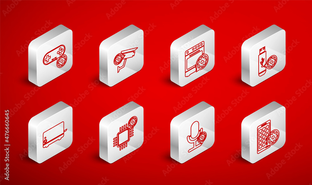 Set line Mobile Apps setting, Security camera, Oven, USB flash drive, Microphone, Gamepad, Processor and Toaster icon. Vector Set line Mobile Apps setting, Security camera, Oven, USB flash drive, Microphone, Gamepad, Processor and Toaster icon. Vector