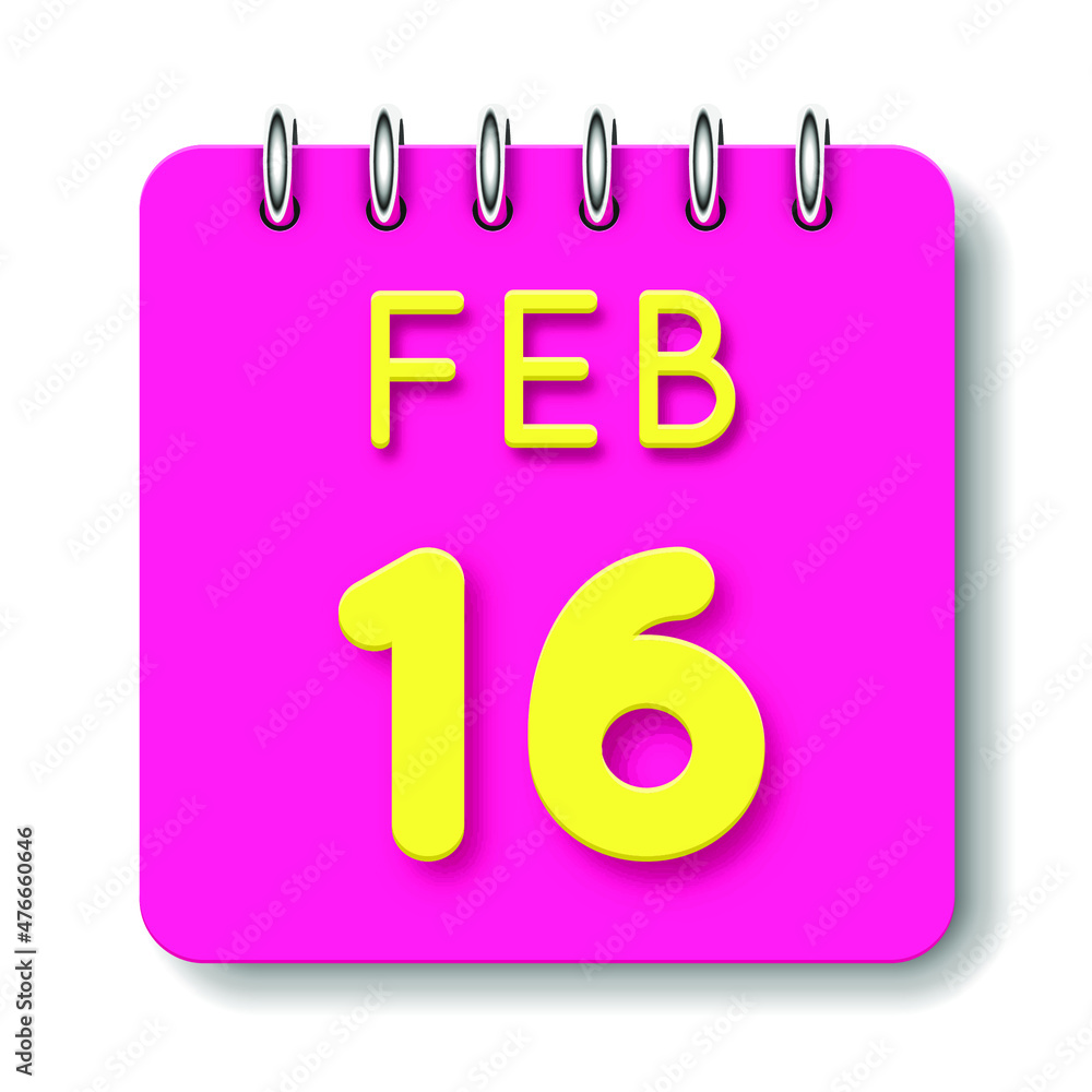 16 day of the month. February. Cute calendar daily icon. Date day week Sunday, Monday, Tuesday, Wednesday, Thursday, Friday, Saturday. Neon yellow. Pink Paper. White background. 16 day of the month. February. Cute calendar daily icon. Date day week Sunday, Monday, Tuesday, Wednesday, Thursday, Friday, Saturday. Neon yellow. Pink Paper. White background.