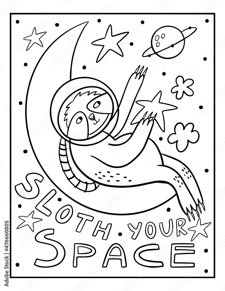 Fototapeta premium Cute cartoon coloring page with sloth and hand drawn lettering. Coloring poster sloth your space.