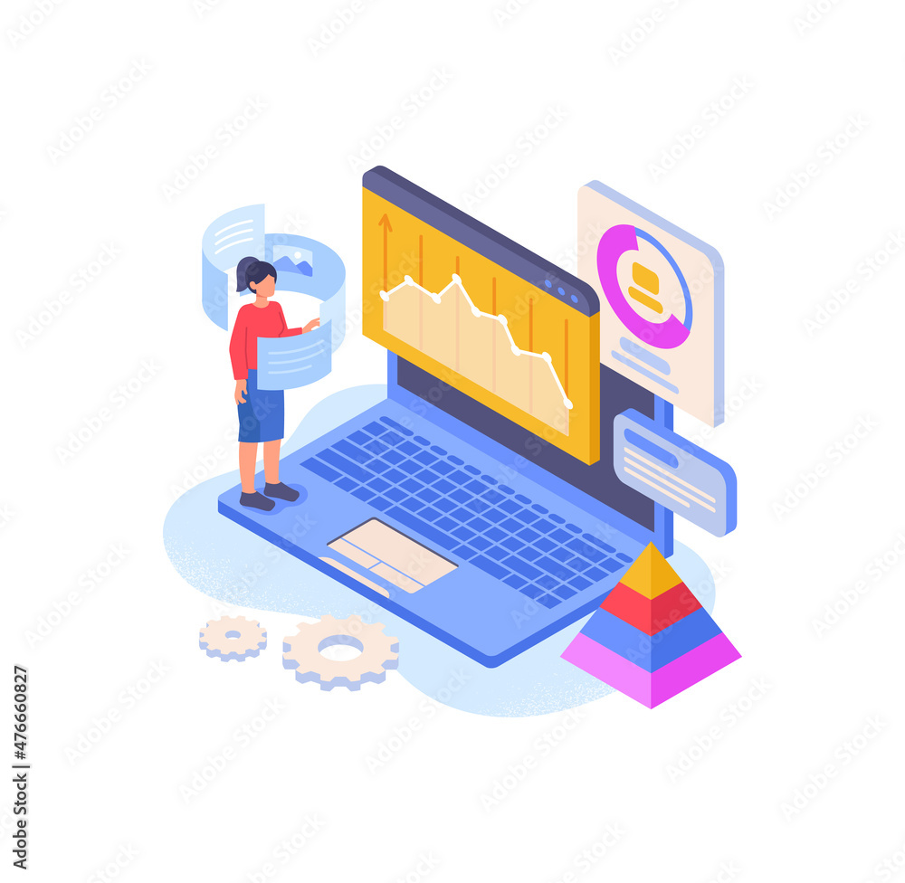 Graphs in computer. Girl standing on large laptop. Modern technologies and digital world. Working with statistics, graphs. Analytical department of company. Cartoon volumetric vector illustration Graphs in computer. Girl standing on large laptop. Modern technologies and digital world. Working with statistics, graphs. Analytical department of company. Cartoon volumetric vector illustration