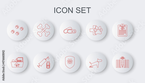 Set line Veterinary medicine hospital, Medical veterinary record folder, Cat and pills, Dog pooping, Paw print, Crossed bones, Syringe with pet vaccine and Animal health insurance icon. Vector
