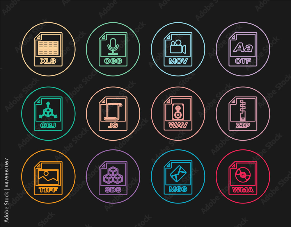 Set line WMA file document, ZIP, MOV, JS, OBJ, XLS, WAV and OGG icon. Vector Set line WMA file document, ZIP, MOV, JS, OBJ, XLS, WAV and OGG icon. Vector