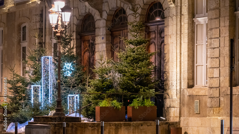 Magnificent Christmas decoration in front of the town hall, at night, fir trees and light garlands.
