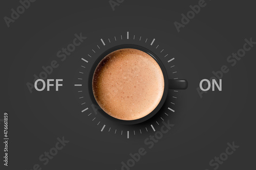 Vector 3d Realistic Off, On Switch with Milk Foam Coffee in Black Ceramic, Porcelain Coffee Mug on Black. Capuccino, Latte. Concept Creative Banner with Coffee Cup. Design Template. Top View