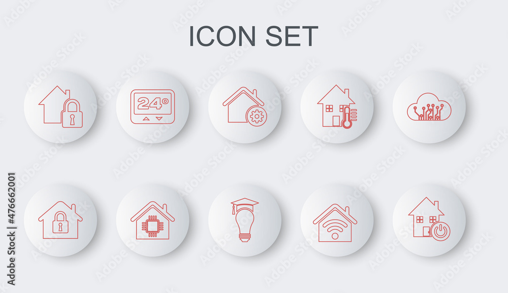 Set line Smart home, House under protection, settings, with wi-fi, Thermostat, and Light bulb and graduation cap icon. Vector Set line Smart home, House under protection, settings, with wi-fi, Thermostat, and Light bulb and graduation cap icon. Vector