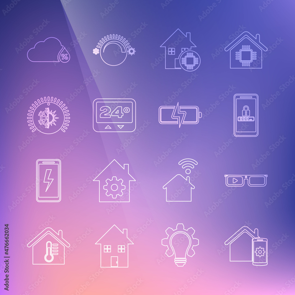 Set line Smart home remote control system, glasses, Mobile and password protection, Thermostat, Humidity and Battery icon. Vector Set line Smart home remote control system, glasses, Mobile and password protection, Thermostat, Humidity and Battery icon. Vector
