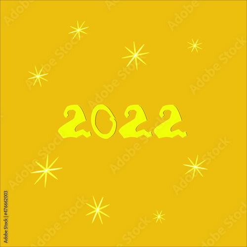 The numbers 2022 denoting the date of the upcoming New Year with twinkling stars around on a yellow background.