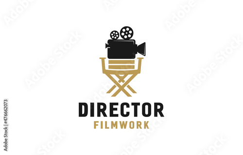 Chair with camera. Film or movie director logo design template