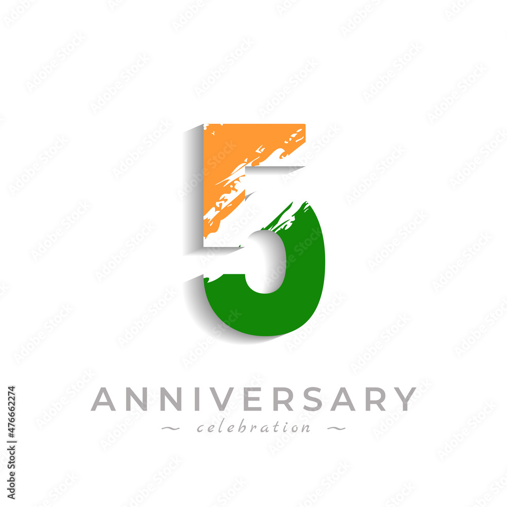 5 Year Anniversary Celebration with Brush White Slash in Yellow Saffron and Green Indian Flag Color. Happy Anniversary Greeting Celebrates Event Isolated on White Background 5 Year Anniversary Celebration with Brush White Slash in Yellow Saffron and Green Indian Flag Color. Happy Anniversary Greeting Celebrates Event Isolated on White Background
