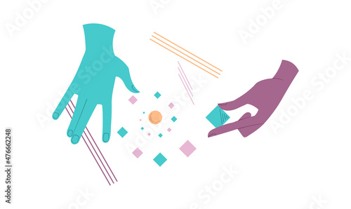 Hands with geometric square. Creativity from small elements. Futuristic and minimalistic website design. Poster and banner. Teamwork metaphor, digital world. Cartoon flat vector illustration
