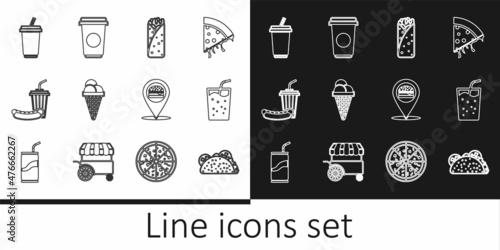 Set line Taco with tortilla, Glass water, Burrito, Ice cream in waffle cone, Soda and hotdog, Location burger and Coffee cup icon. Vector