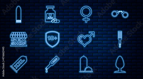 Set line Anal plug, Spanking paddle, Female gender symbol, Shield with 18 plus, Sex shop building, Dildo vibrator, Male and heart and Bottle pills for potency icon. Vector