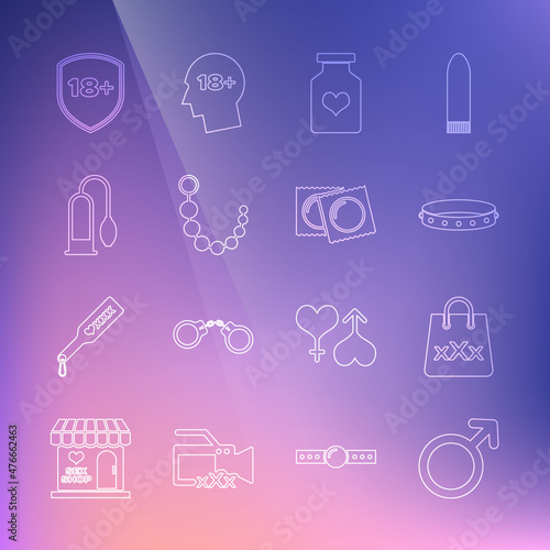 Set line Male gender symbol, Shopping bag with triple X, Leather fetish collar, Bottle pills for potency, Anal beads, Penis pump, Shield 18 plus and Condoms package icon. Vector