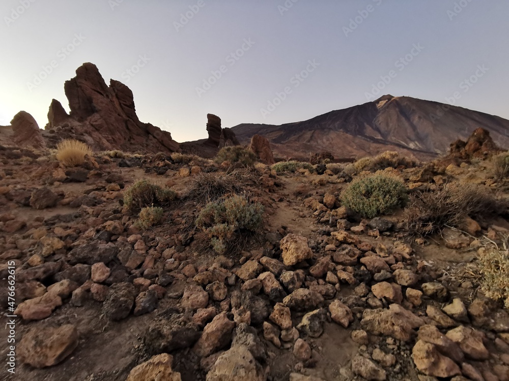 View of Roques de Garcia formation and Teide mountain volcano in Teide National Park, Tenerife, Canary Islands, Spain.