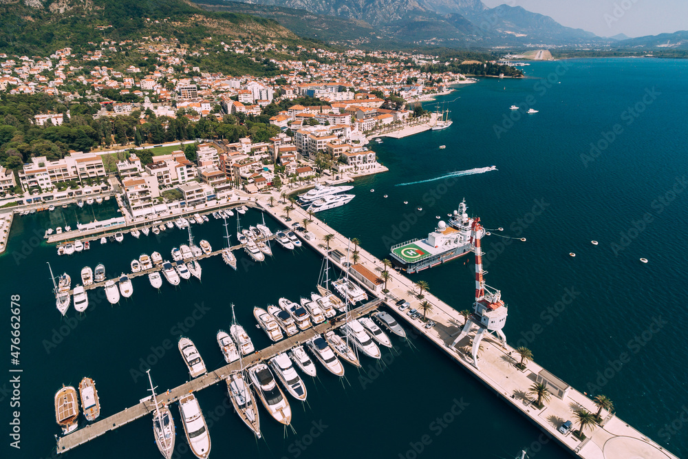 Aerial view of the moored yachts near the Porto resort. Montenegro