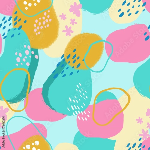 Seamless abstract doodle background pattern in bright colors. Hand-drawn abstract pattern with randomly arranged spots and dots 