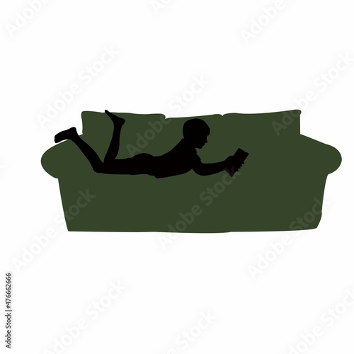 boy lying down and reading book on sofa, silhouette vector