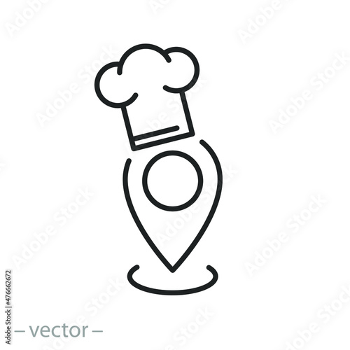 cookery point icon, location restaurant or cafe, pin on map for cook, food on the road, chef hat, kitchen destination, thin line symbol - editable stroke vector illustration